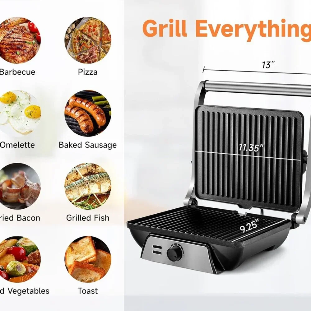 SUSTEAS Electric Panini Grill Non-Stick Plates 180° Open Floating Hinge SL-107A